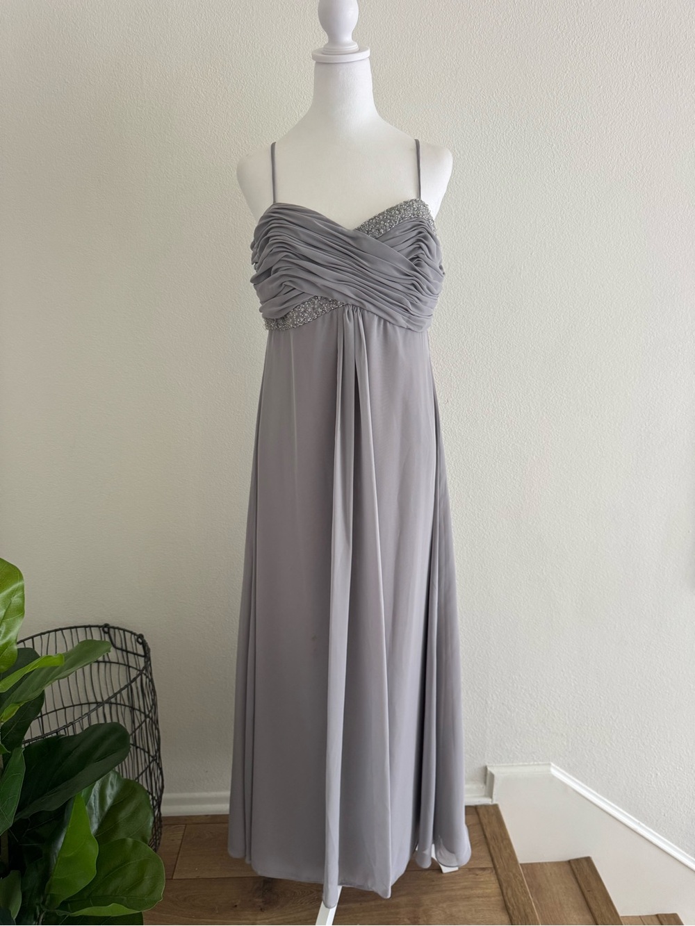 Gray Ruched Chiffon Maxi Dress with Beaded Trim